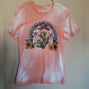 Peachy Orange Bleached Out Cactus Graphic Tee Turquoise Cactus Western Sunflower